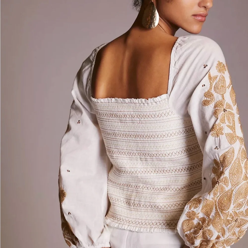 Anthropologie Smocked Top with embellished and embroidered sleeves, boho spring - Picture 4 of 9